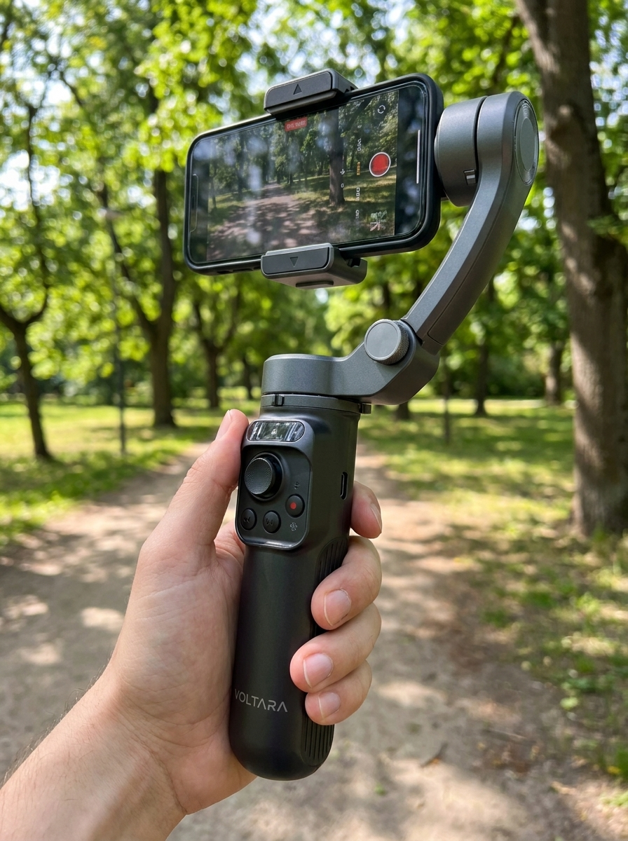 Handheld three-axis phone gimbal with brushless motors for cinematic footage