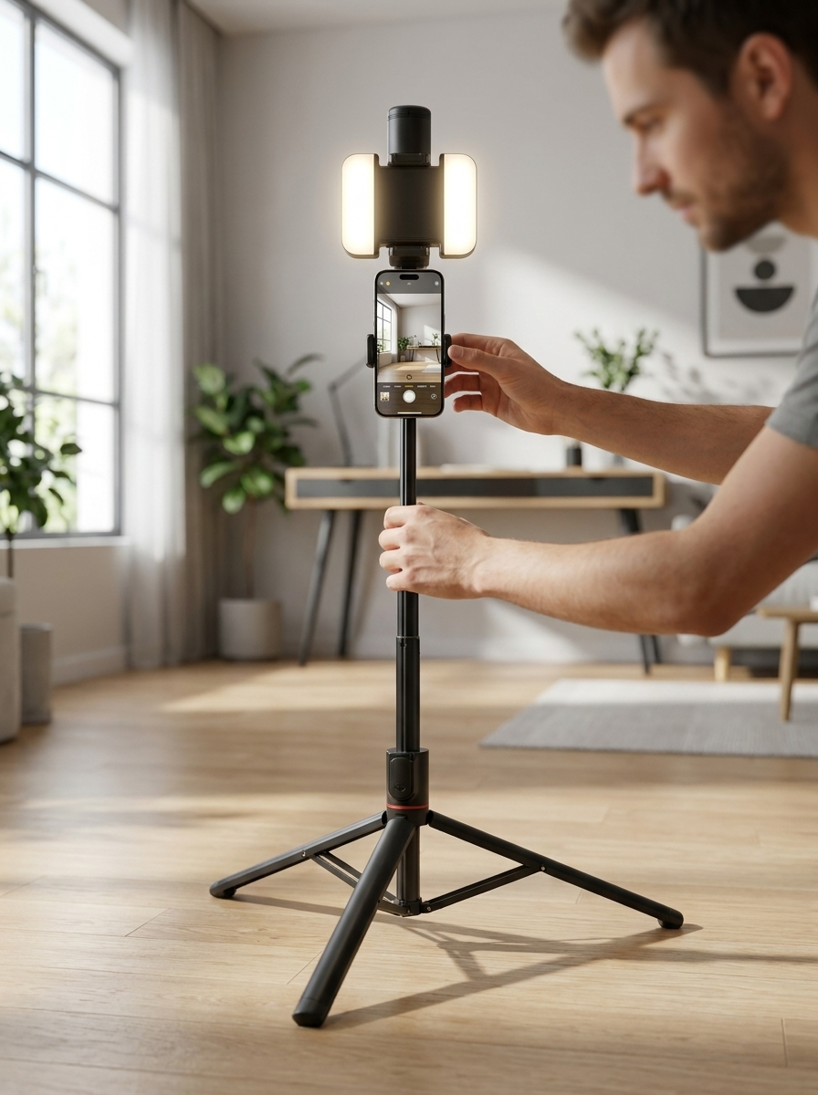 Floor-Standing Selfie Stick & Tripod with LED Fill Light - Extendable Live-Stream Stand