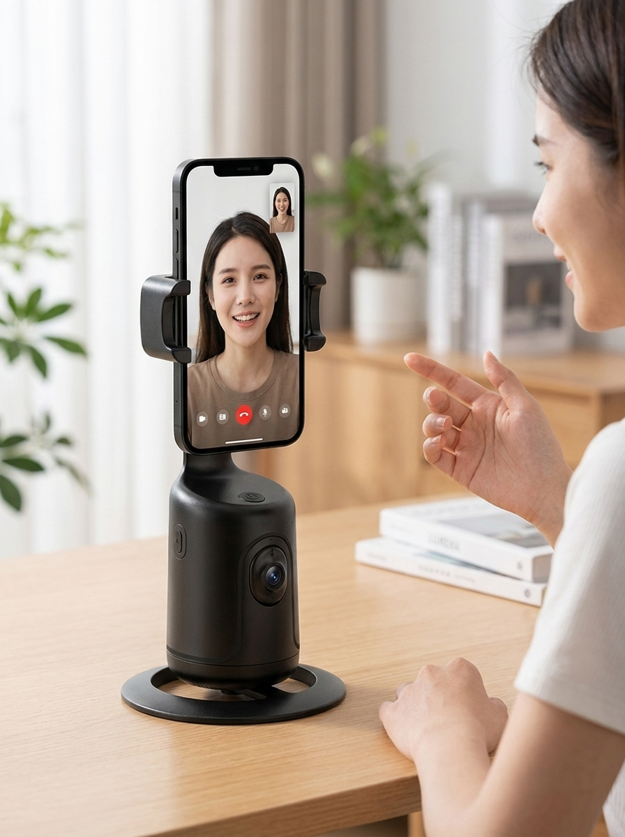 AI face-tracking phone holder with app-free 360-degree auto follow