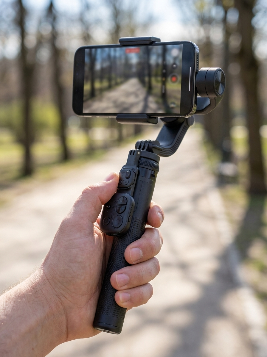 Handheld motorised gimbal stabiliser for smooth phone video and vlogging