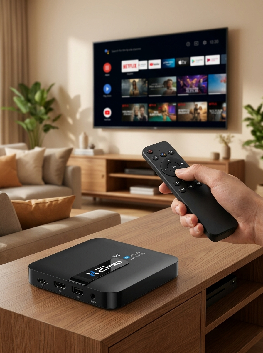 VOLTARA H20 Pro Android 14 TV box in a living room