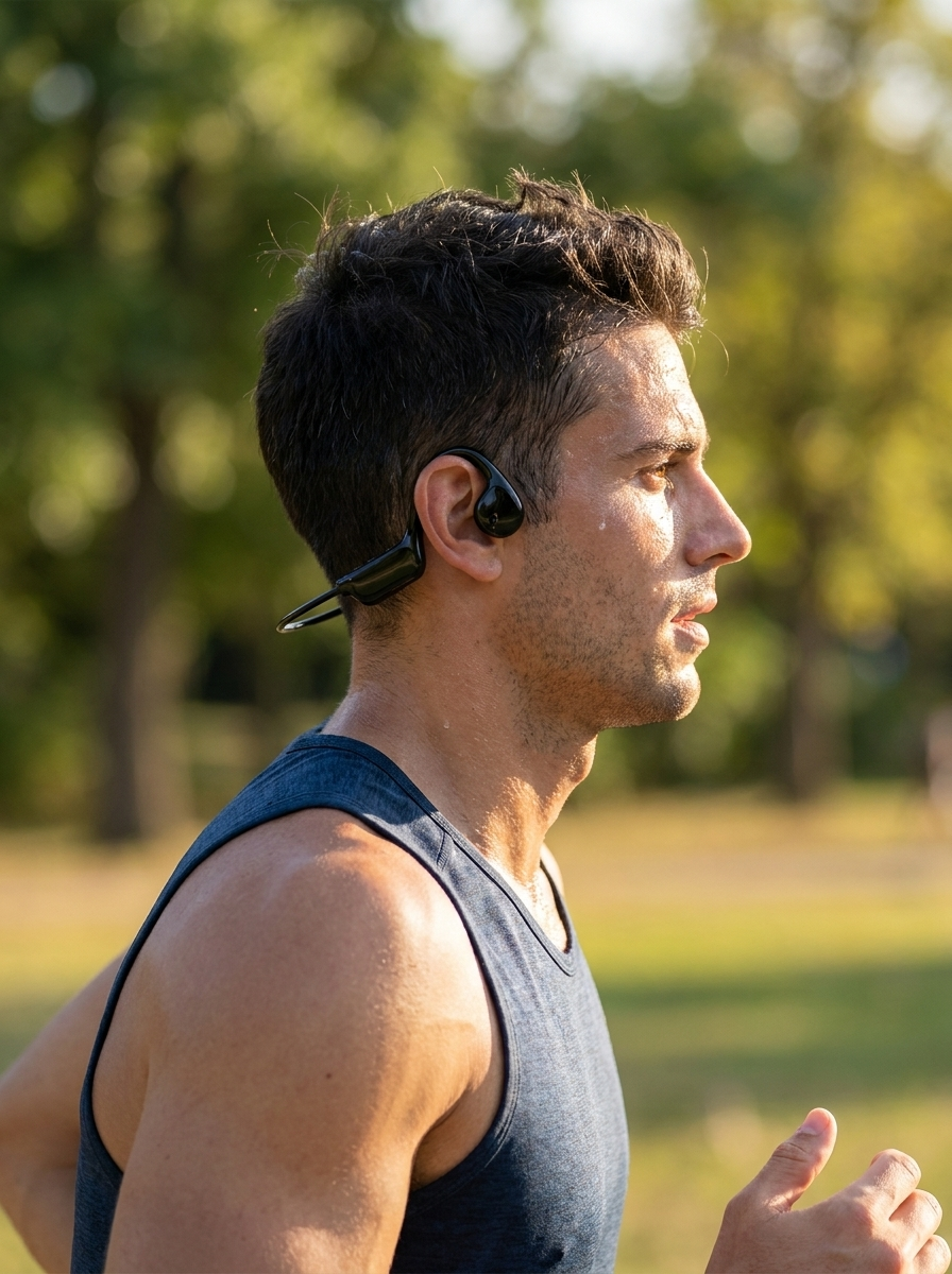 Open-ear bone conduction headphones transmitting sound through gentle vibration
