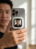 Magnetic phone selfie display for framing shots with the rear camera