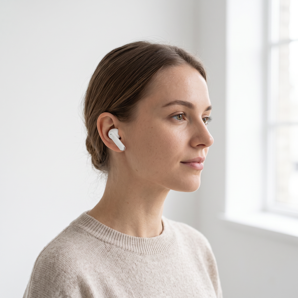 Woman wearing a white ANC noise cancelling wireless earbud, shown in profile in natural daylight