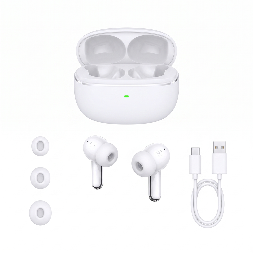 Exploded view of the ANC wireless earbuds showing the charging case, both earbuds, spare ear tips and USB Type-C cable