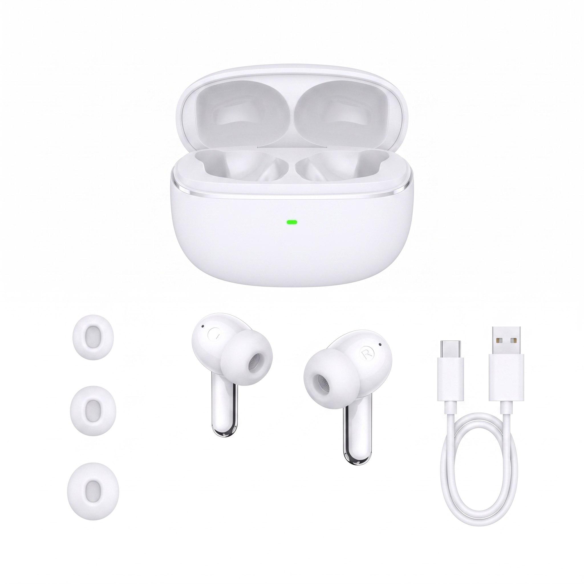 Exploded view of the ANC wireless earbuds showing the charging case, both earbuds, spare ear tips and USB Type-C cable
