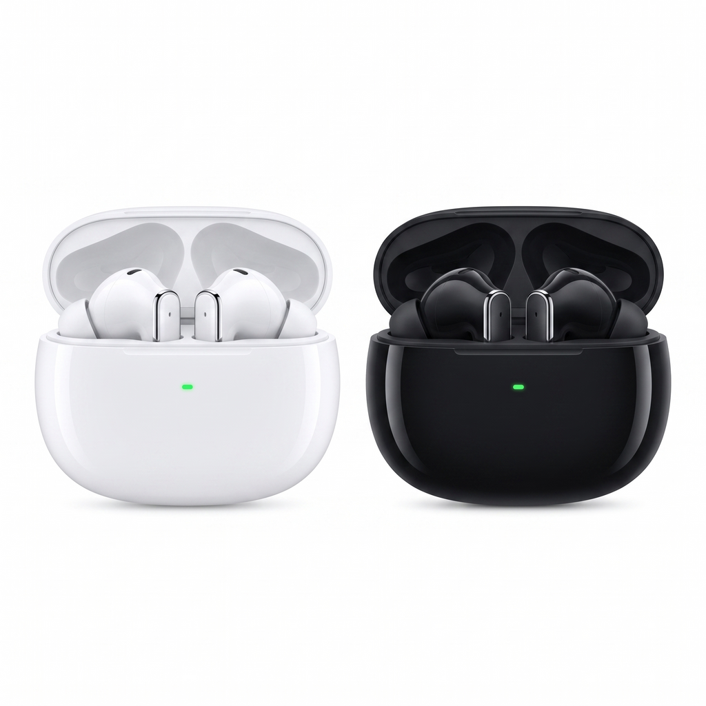 ANC wireless earbuds in both colours, white and glossy black charging cases open side by side