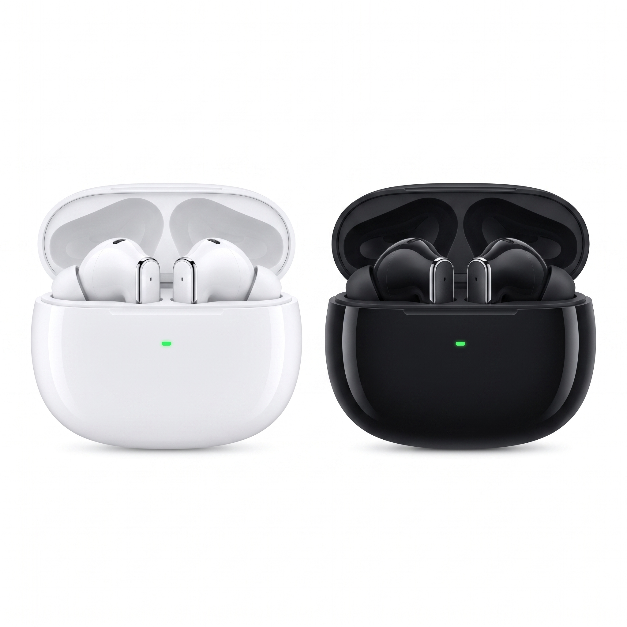 ANC wireless earbuds in both colours, white and glossy black charging cases open side by side
