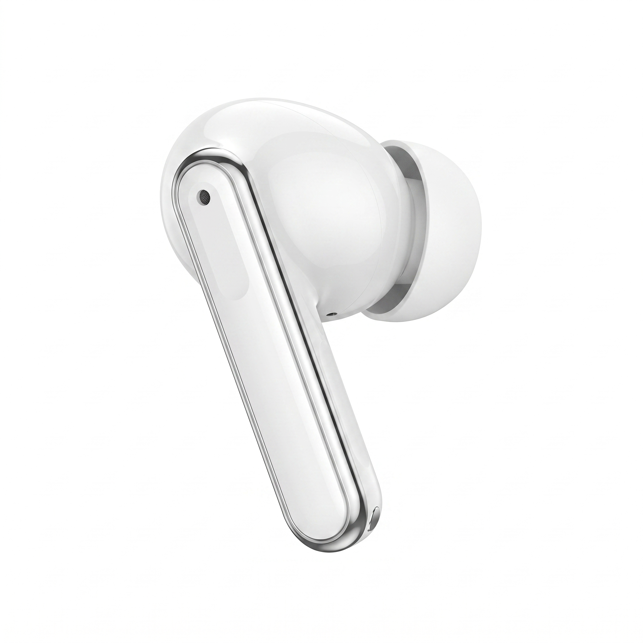 Macro close-up of a single white ANC earbud showing the touch stem, microphone port and driver nozzle