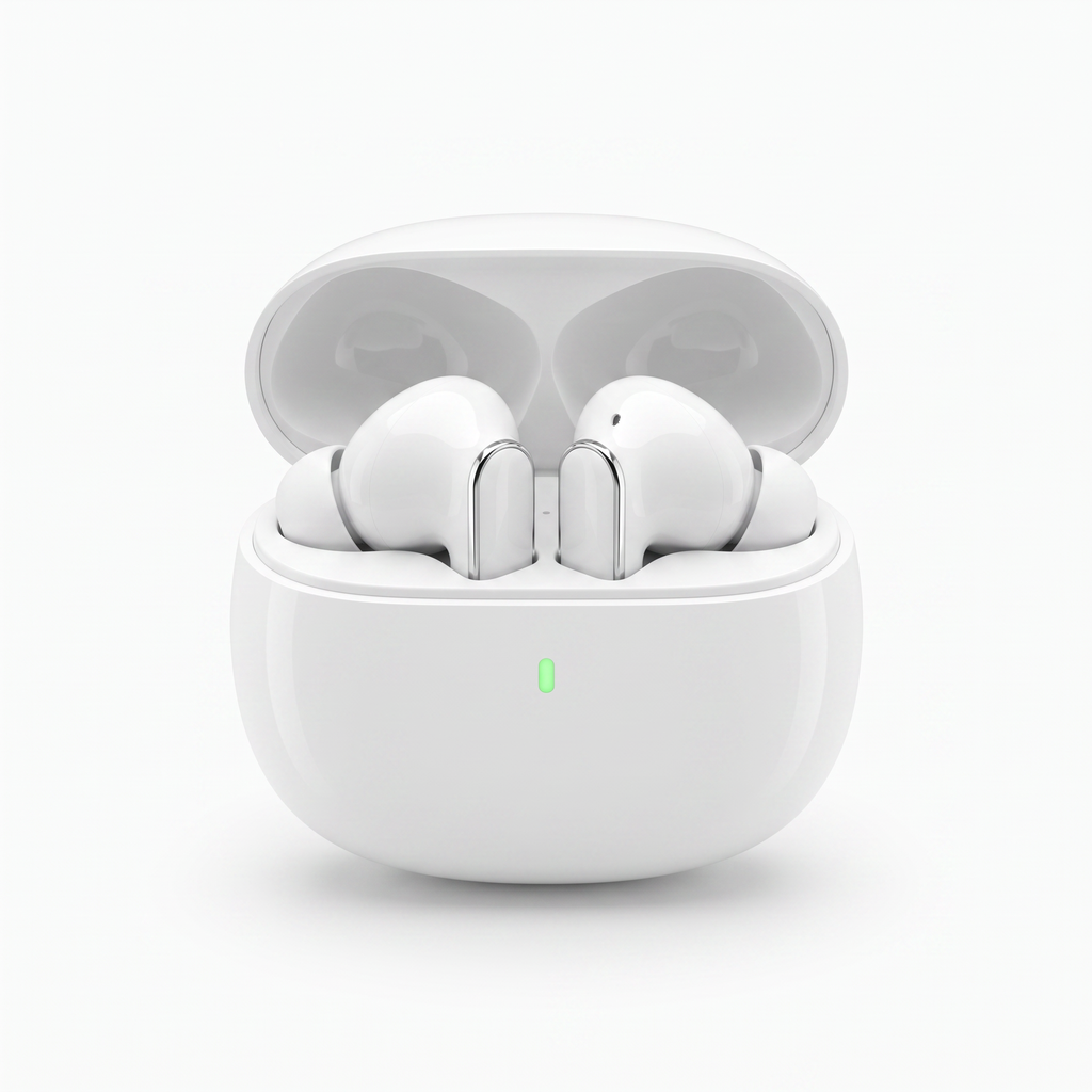 White ANC wireless earbuds seated in their open charging case with the green LED charging indicator lit