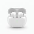 White ANC wireless earbuds seated in their open charging case with the green LED charging indicator lit