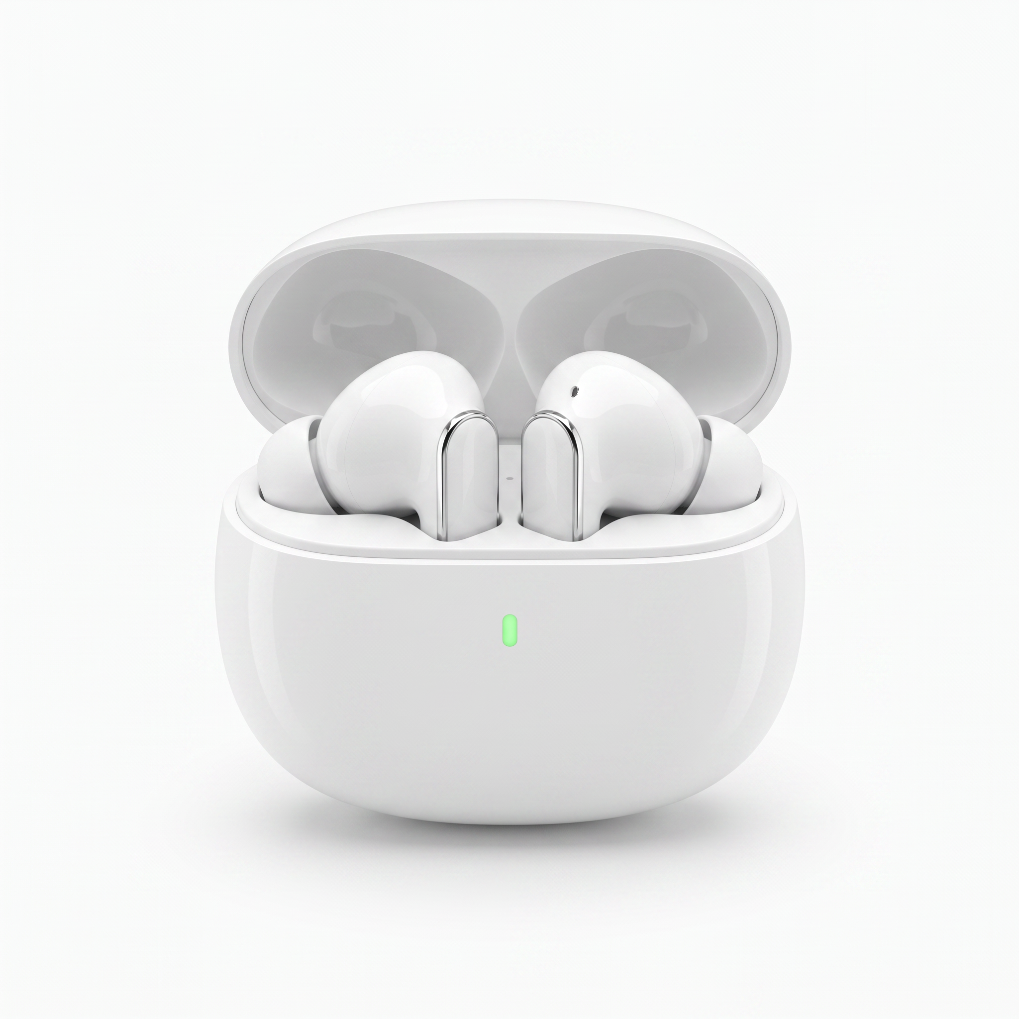 White ANC wireless earbuds seated in their open charging case with the green LED charging indicator lit