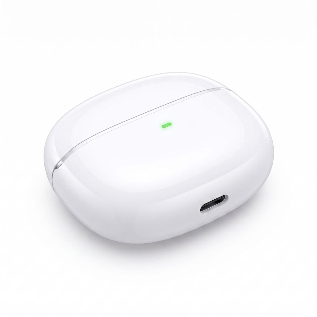 Closed white earbud charging case showing the LED charging indicator and USB Type-C port