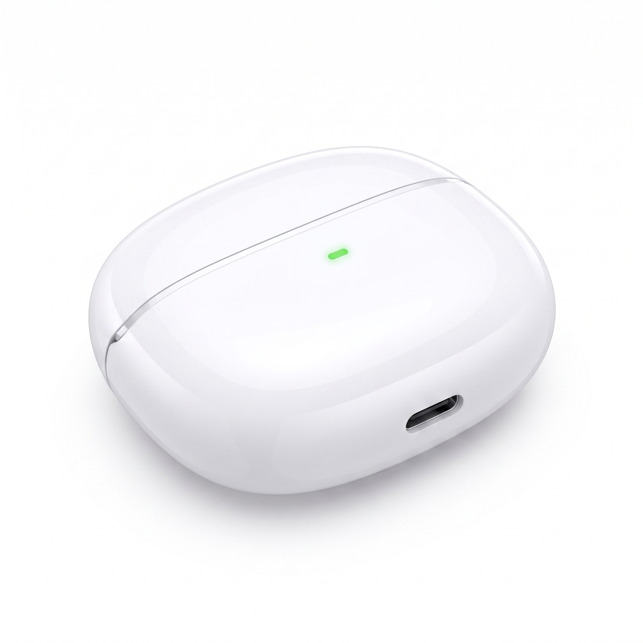 Closed white earbud charging case showing the LED charging indicator and USB Type-C port