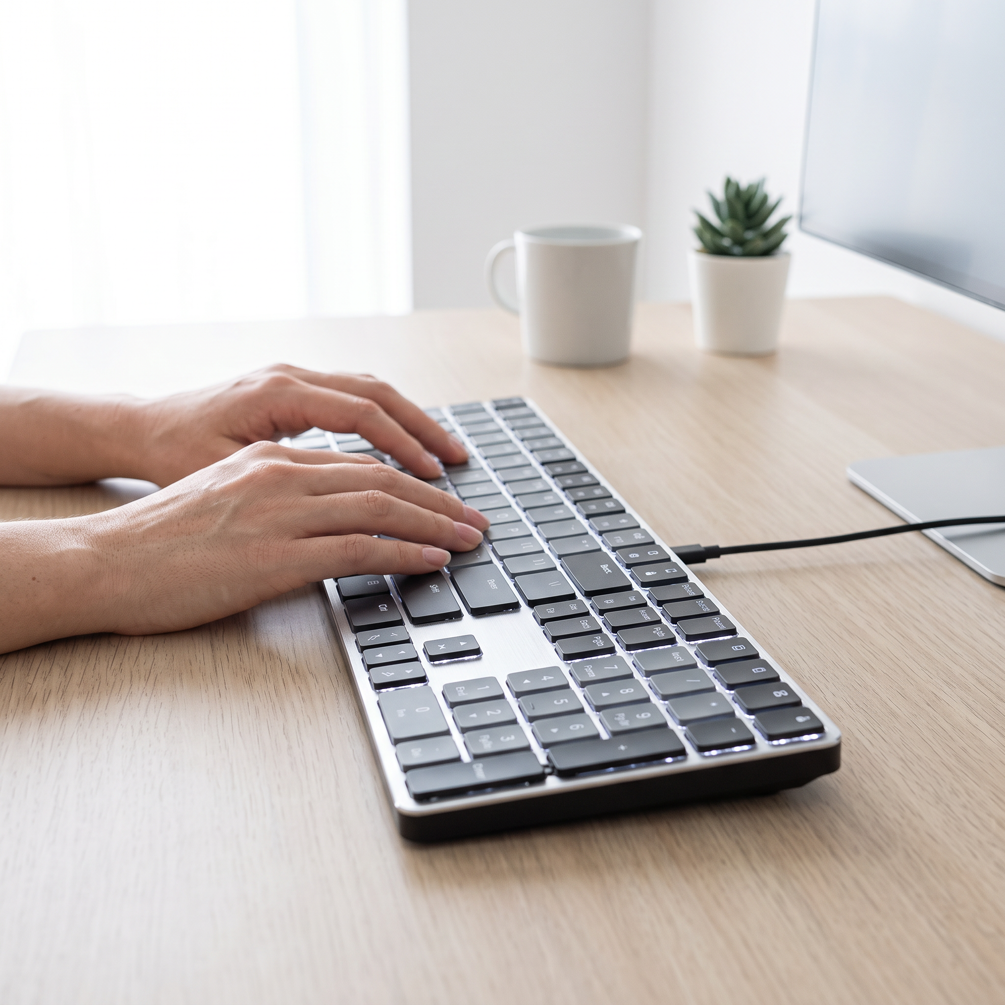 Hands typing on the ultra-thin low-profile mechanical keyboard on a pale oak desk in a bright home office