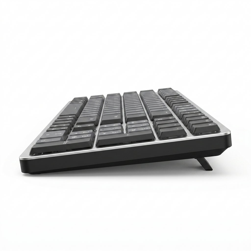 Side profile of the slim mechanical keyboard with the fold-out tilt legs extended