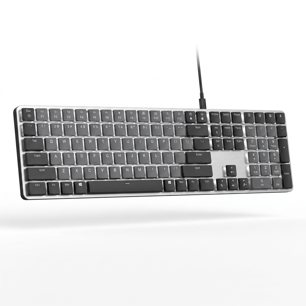 Ultra-thin low-profile mechanical keyboard with silver aluminium top plate and dark grey keycaps on a white background