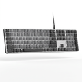Ultra-thin low-profile mechanical keyboard with silver aluminium top plate and dark grey keycaps on a white background