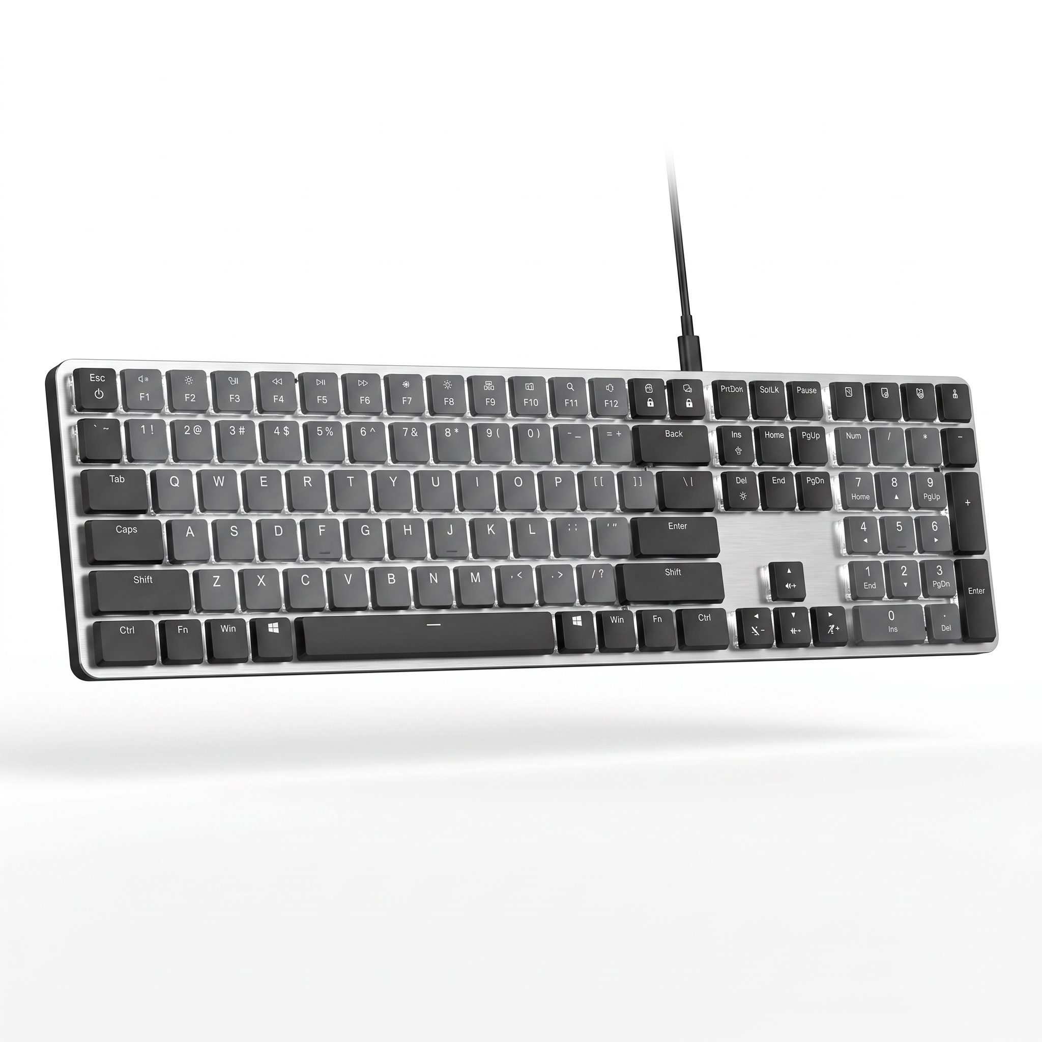 Ultra-thin low-profile mechanical keyboard with silver aluminium top plate and dark grey keycaps on a white background