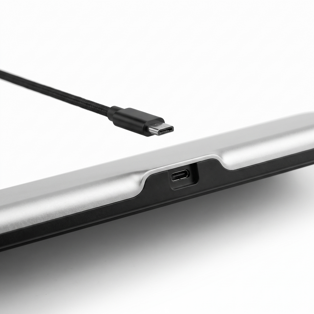 Detachable braided cable and USB-C port on the rear edge of the low-profile mechanical keyboard