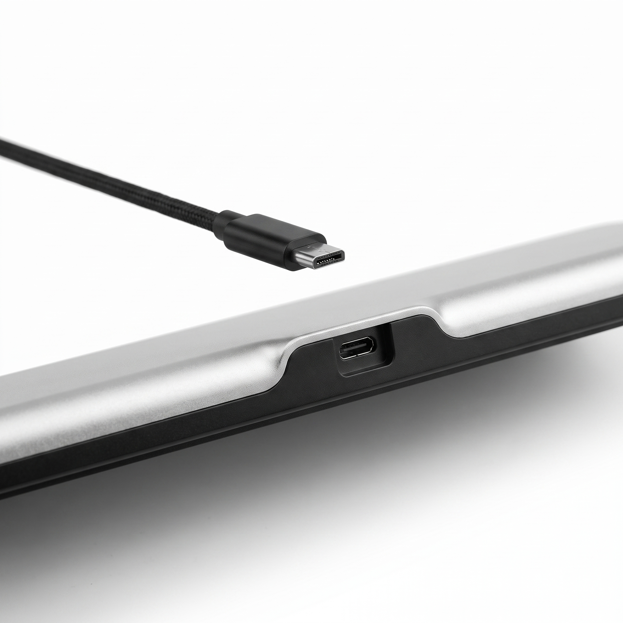 Detachable braided cable and USB-C port on the rear edge of the low-profile mechanical keyboard