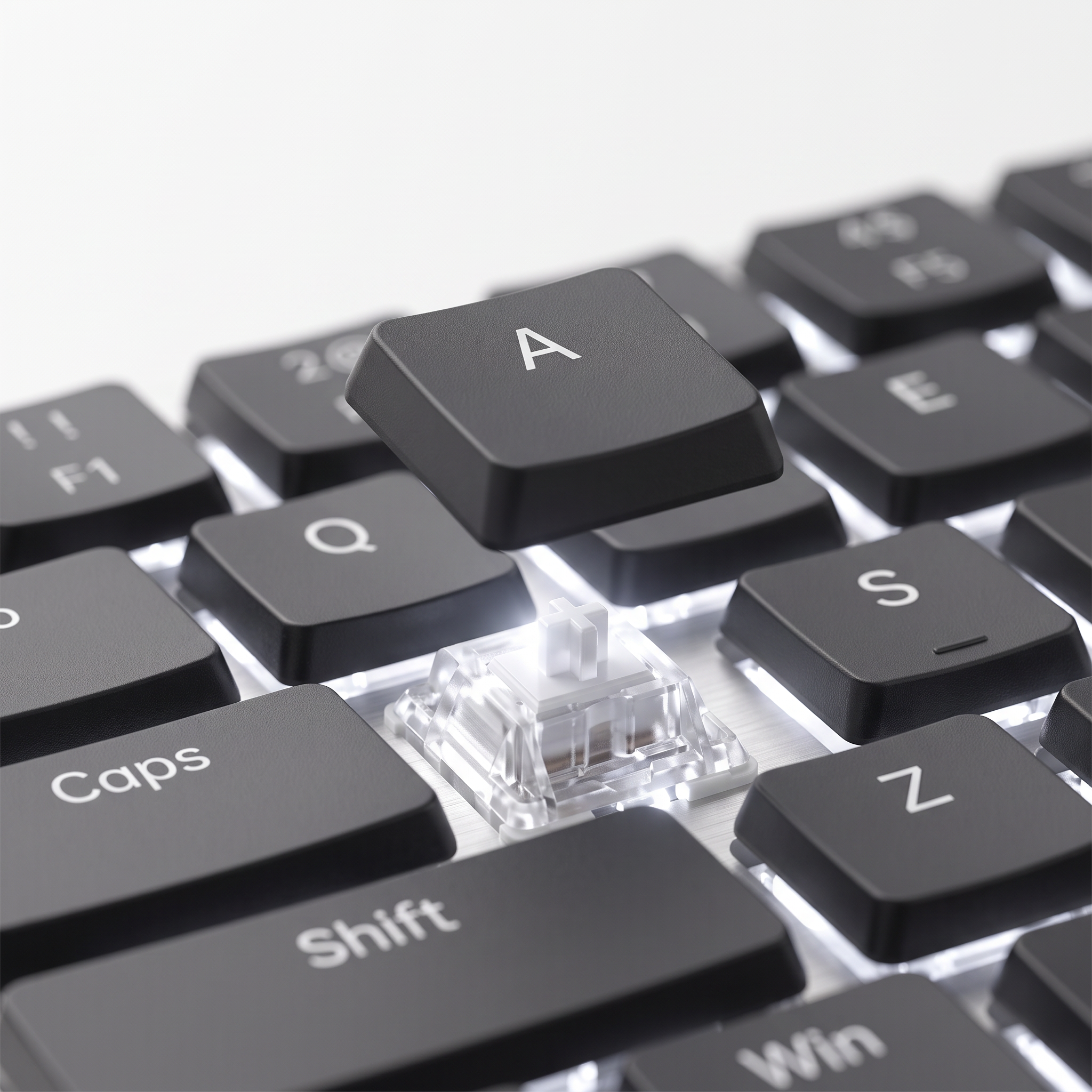 Macro close-up of a lifted keycap revealing the low-profile mechanical switch and white backlight