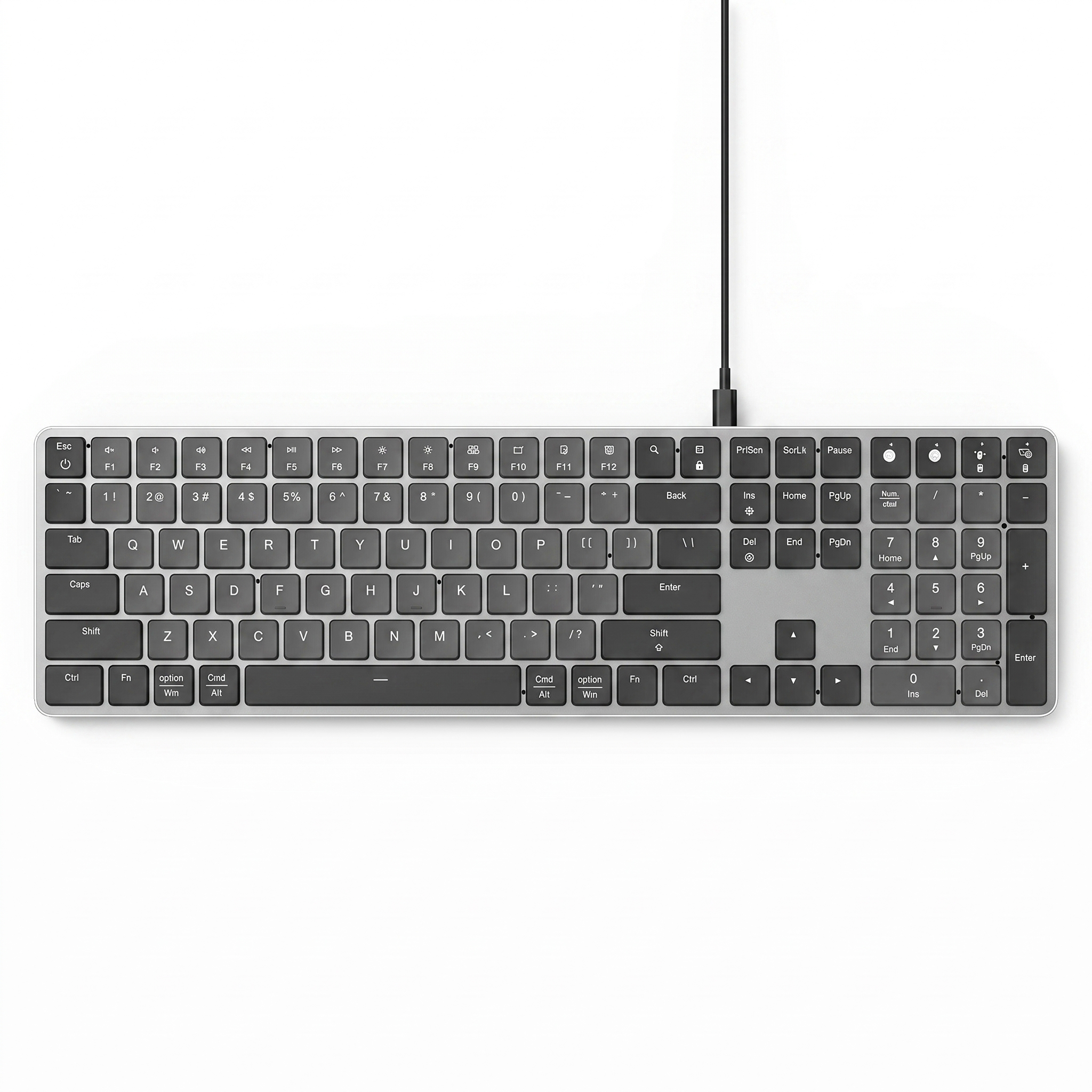Top-down view of the full-size 104-key low-profile mechanical keyboard showing the complete layout and numeric keypad