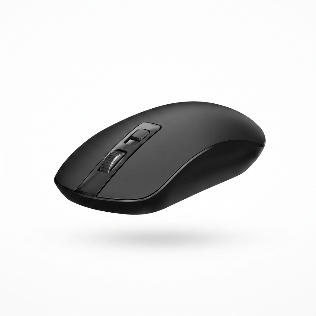 Close-up of the matte black wireless mouse showing the scroll wheel and DPI button