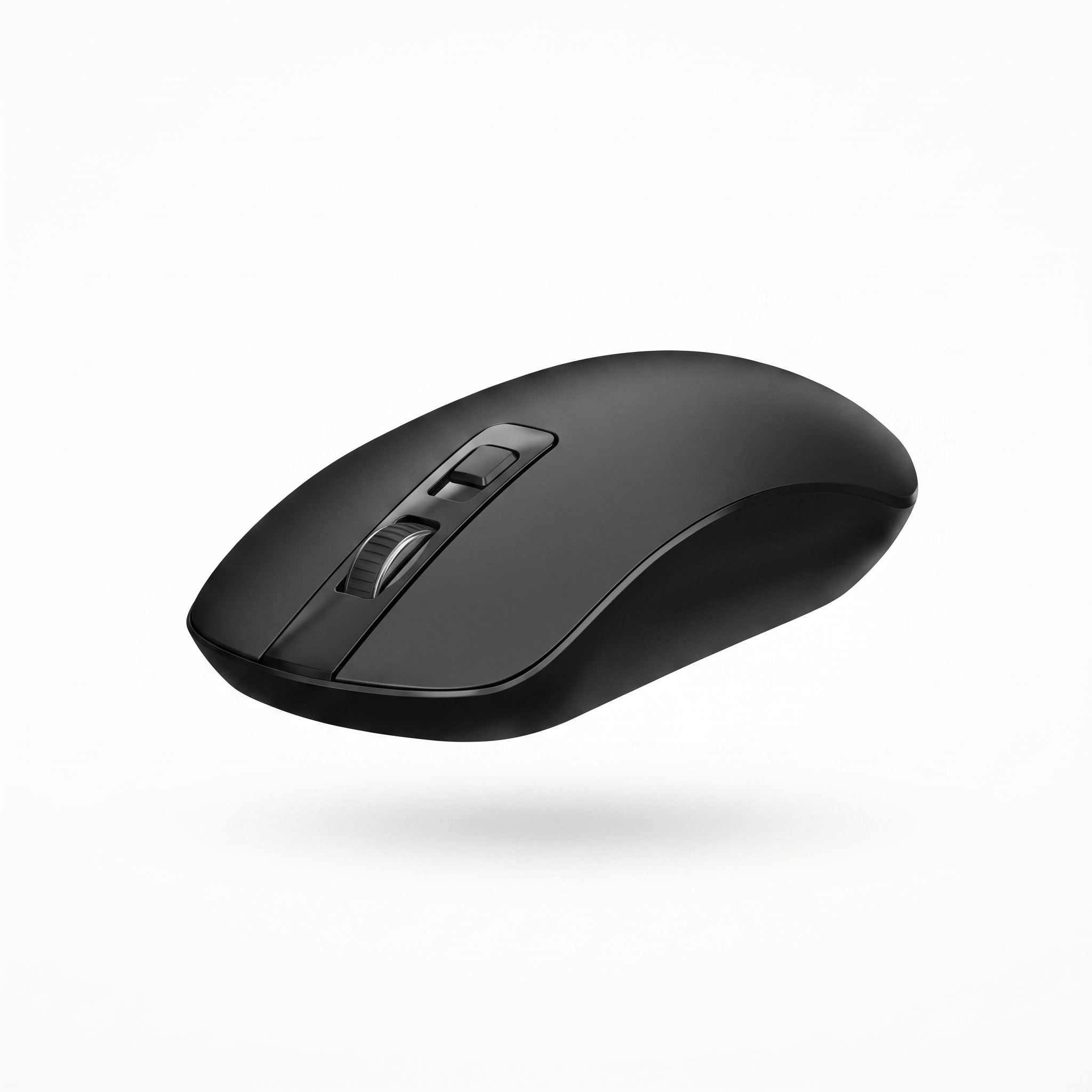 Close-up of the matte black wireless mouse showing the scroll wheel and DPI button