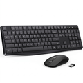 Full-size black wireless keyboard and mouse set with USB nano receiver on a white background