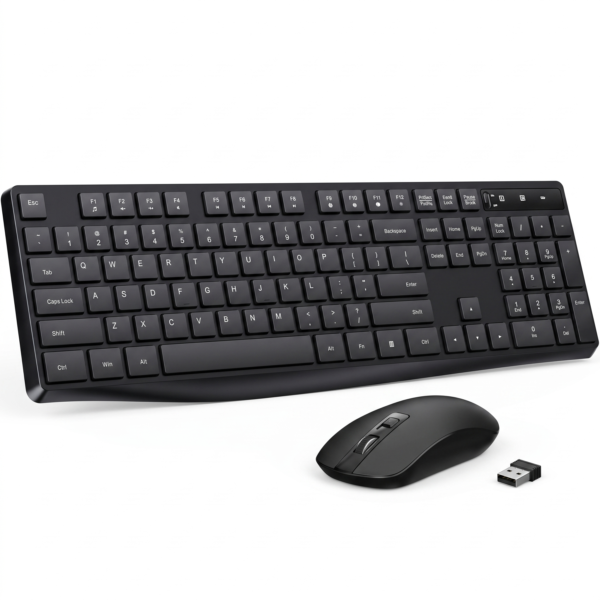 Full-size black wireless keyboard and mouse set with USB nano receiver on a white background