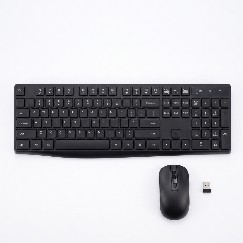 Top-down view of the full-size wireless keyboard, mouse and nano receiver showing the complete 104-key layout