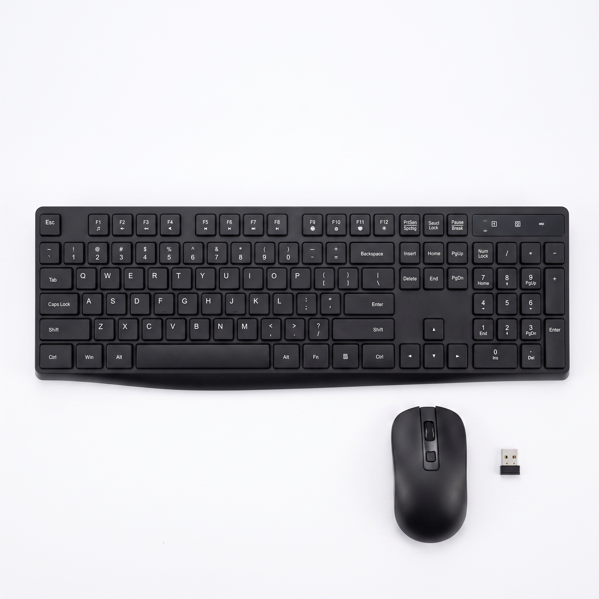Top-down view of the full-size wireless keyboard, mouse and nano receiver showing the complete 104-key layout