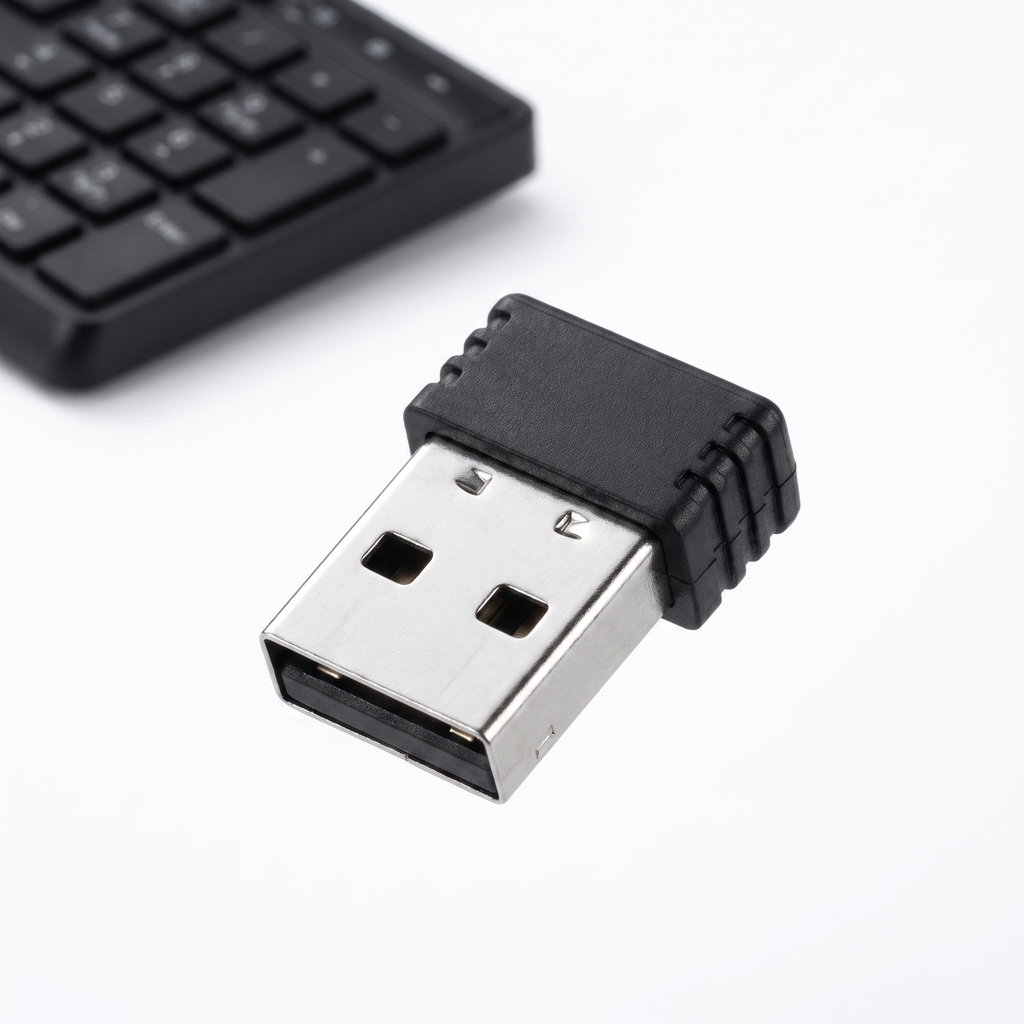 Macro close-up of the plug-and-play USB nano receiver supplied with the wireless keyboard and mouse set