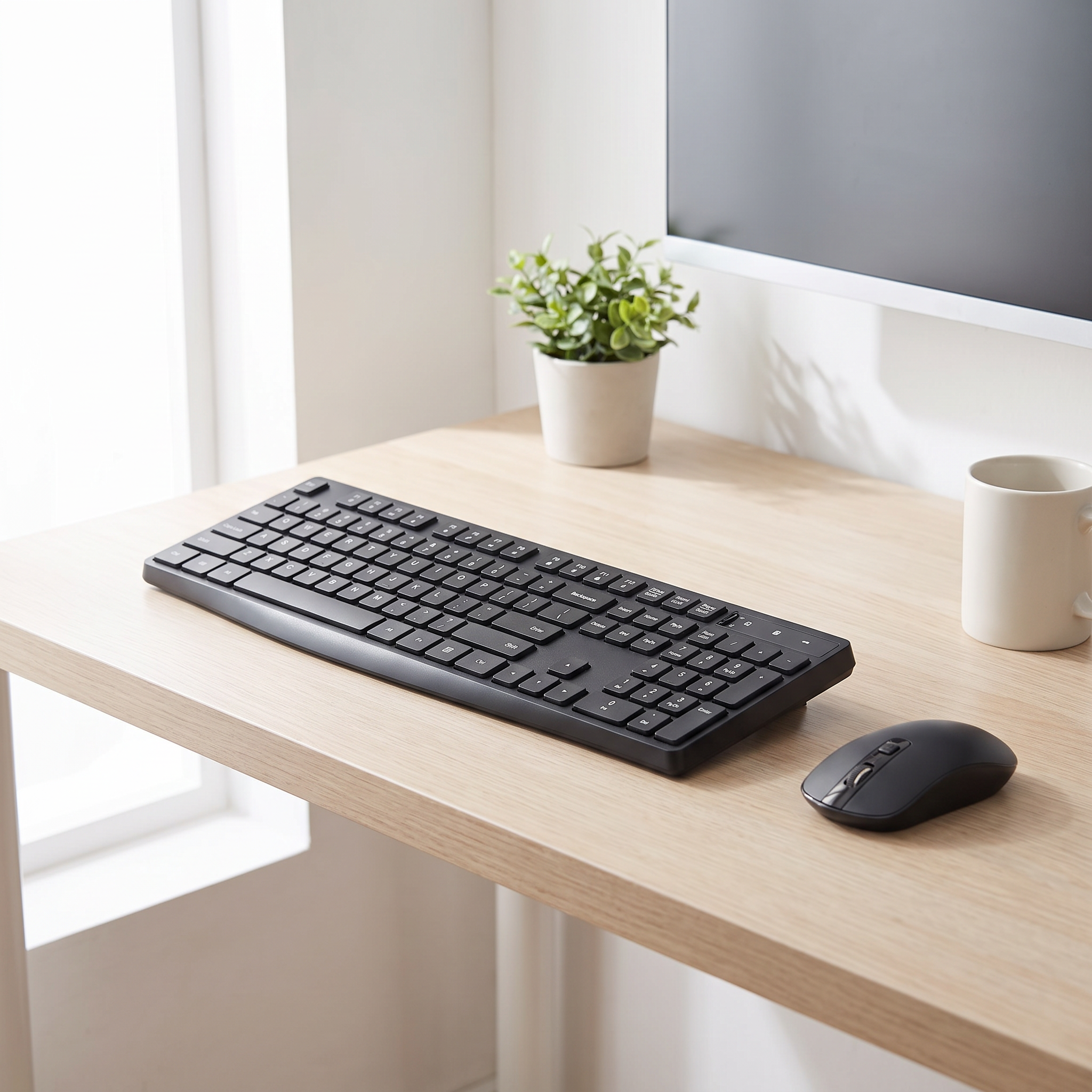 Wireless keyboard and mouse set on a pale oak desk in a bright minimalist home office
