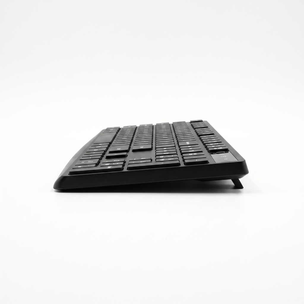 Side profile of the slim wireless keyboard showing its low wedge shape and rear tilt foot