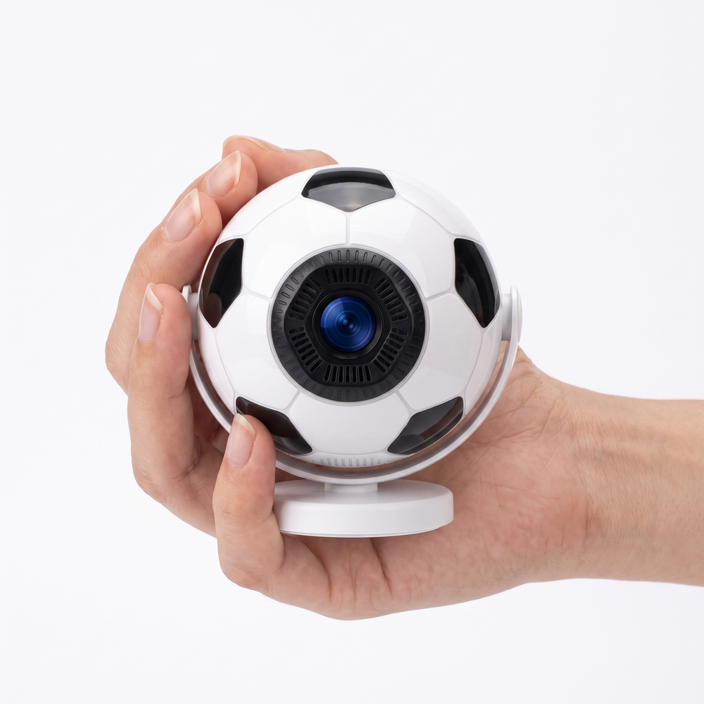 Football projector held in one hand, showing how small and portable the unit is