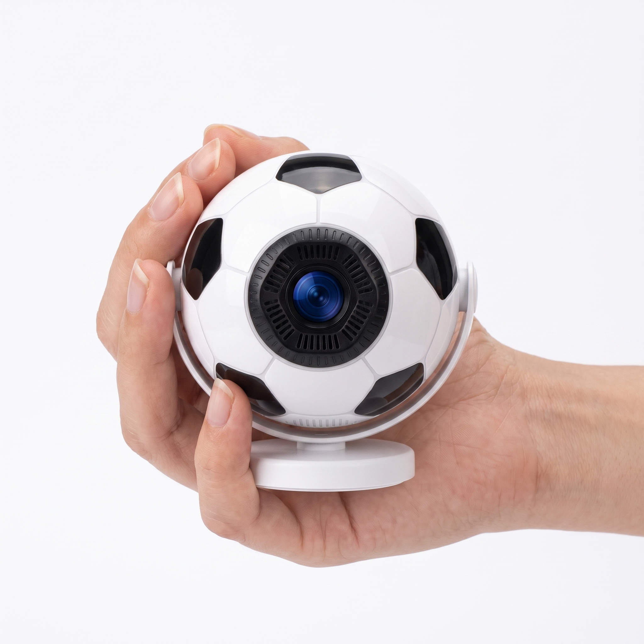 Football projector held in one hand, showing how small and portable the unit is