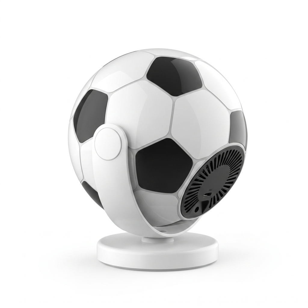 Rear three-quarter view of the football projector tilted in its base, showing the ventilation grille