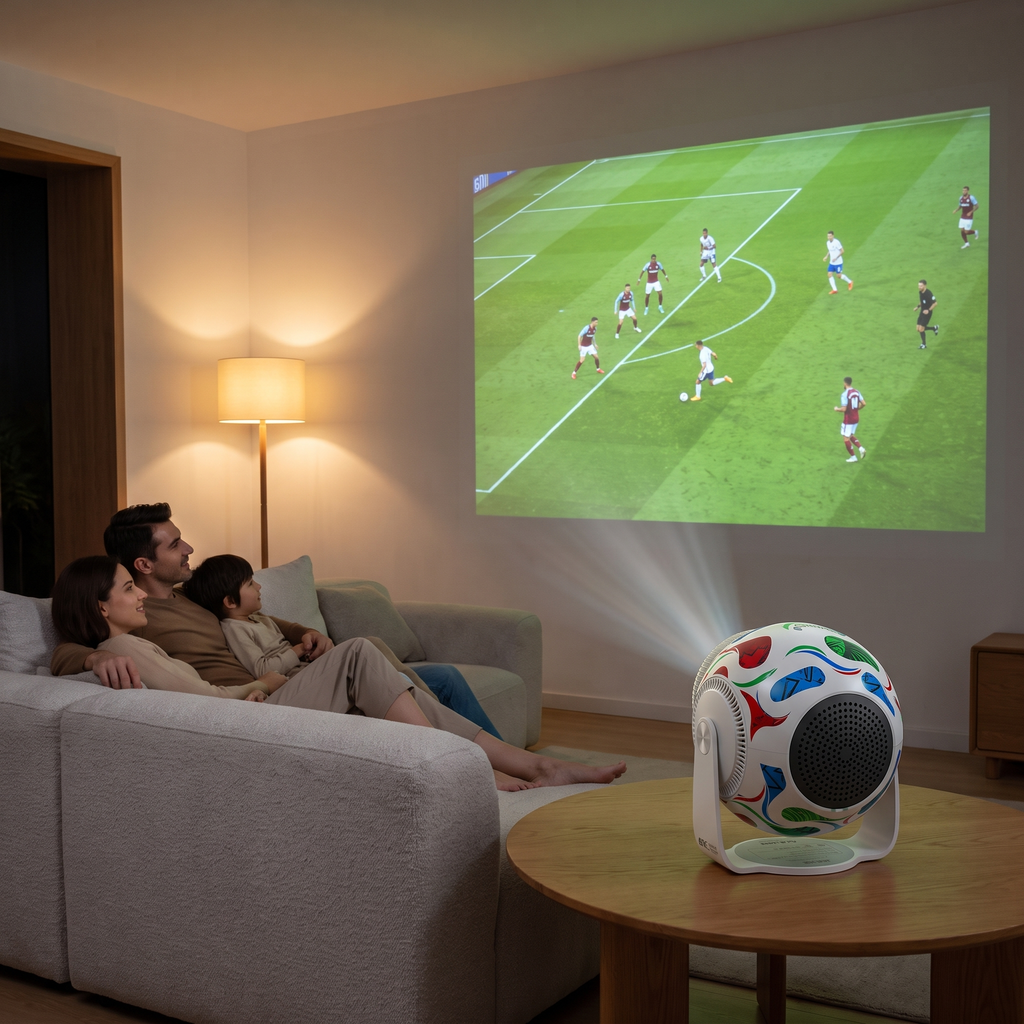 Family watching a football match projected onto a living room wall by the football mini projector