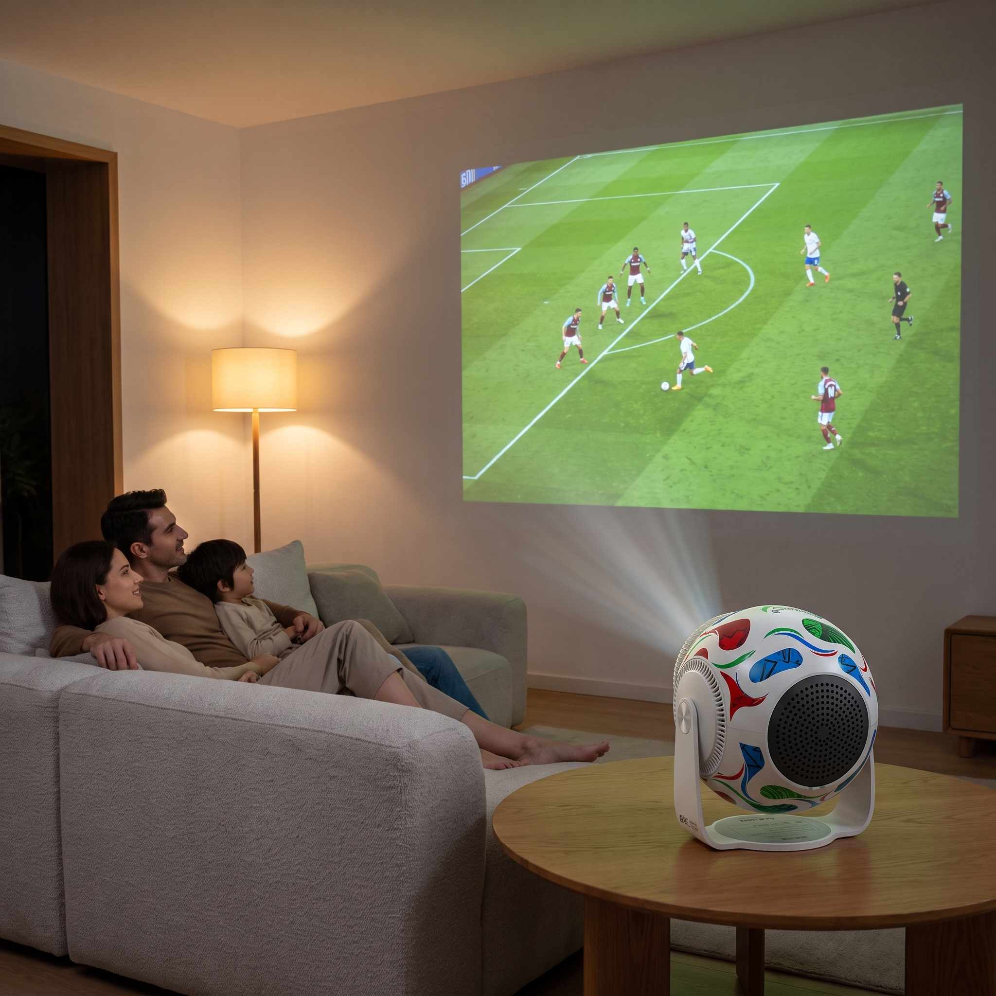 Family watching a football match projected onto a living room wall by the football mini projector