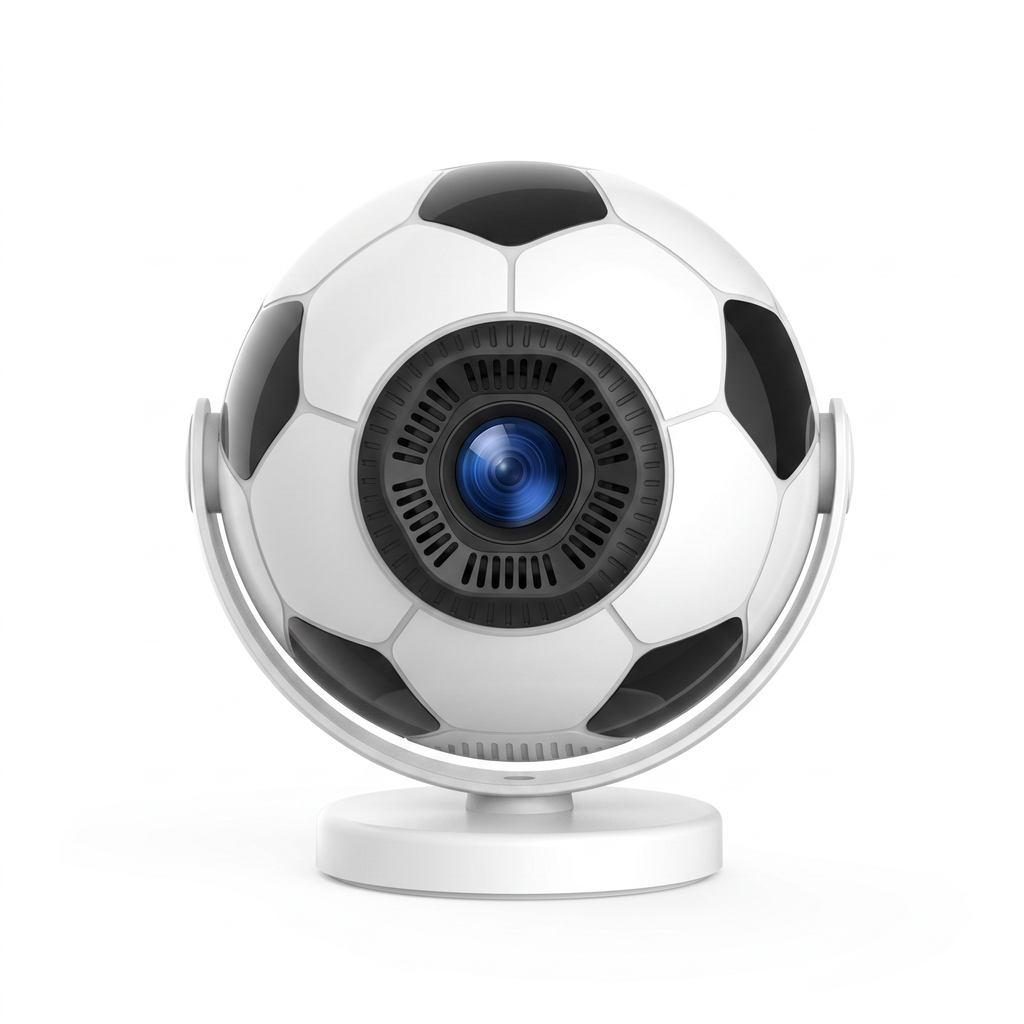 Black and white football projector on a white background with its coated glass lens facing forward