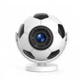 Black and white football projector on a white background with its coated glass lens facing forward