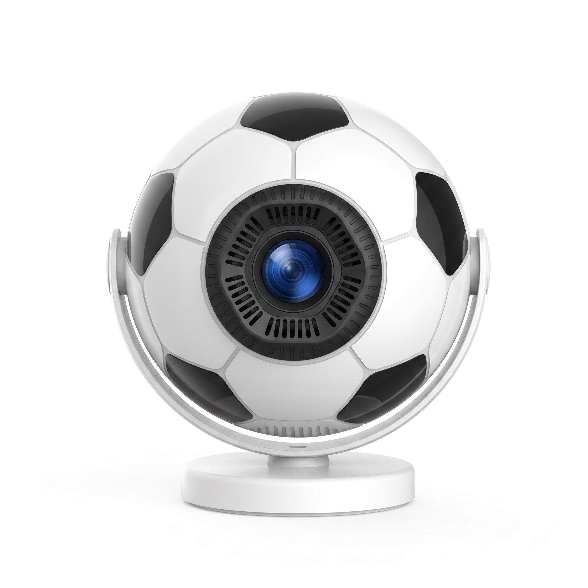 Black and white football projector on a white background with its coated glass lens facing forward