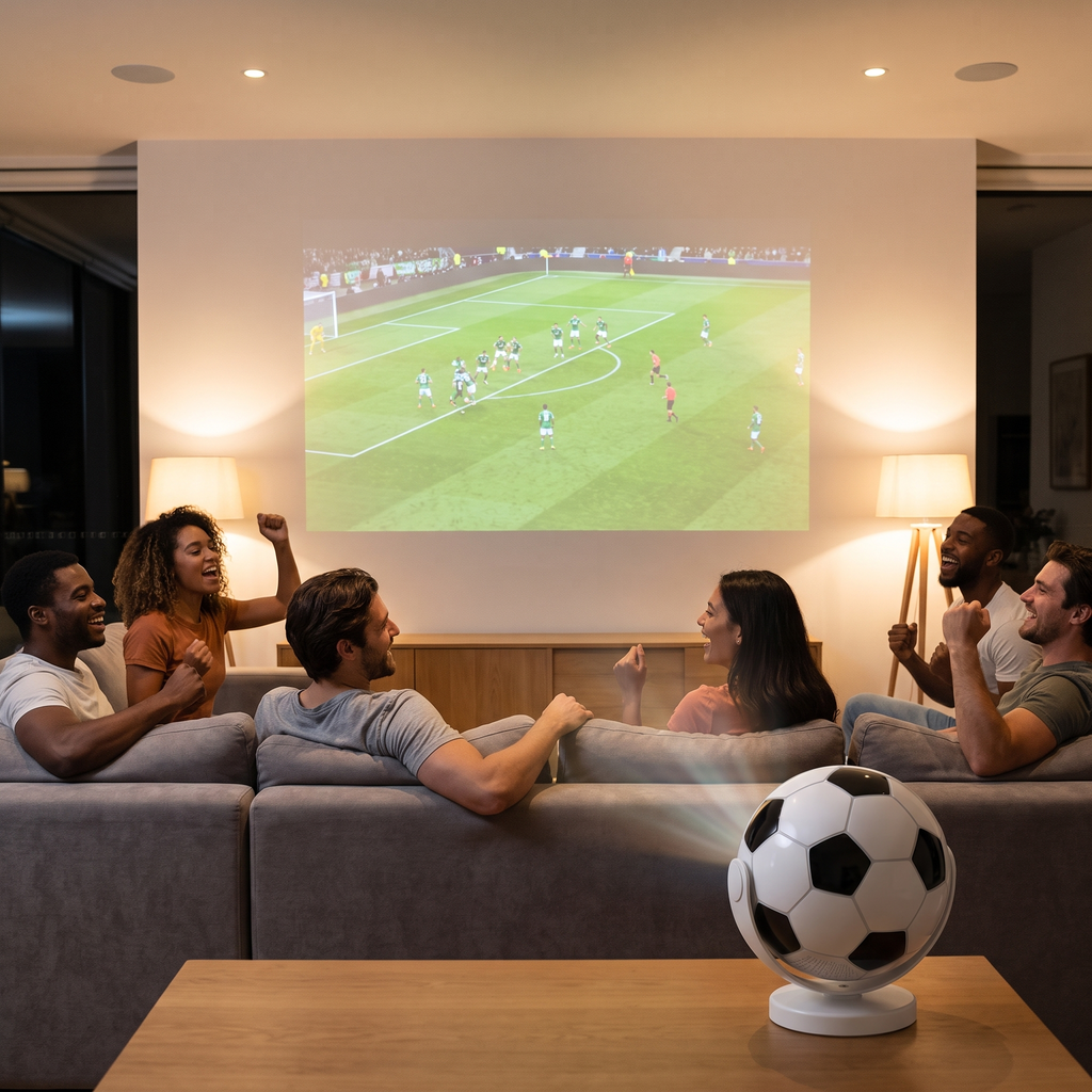 Friends watching a football match projected onto a living room wall by the football projector