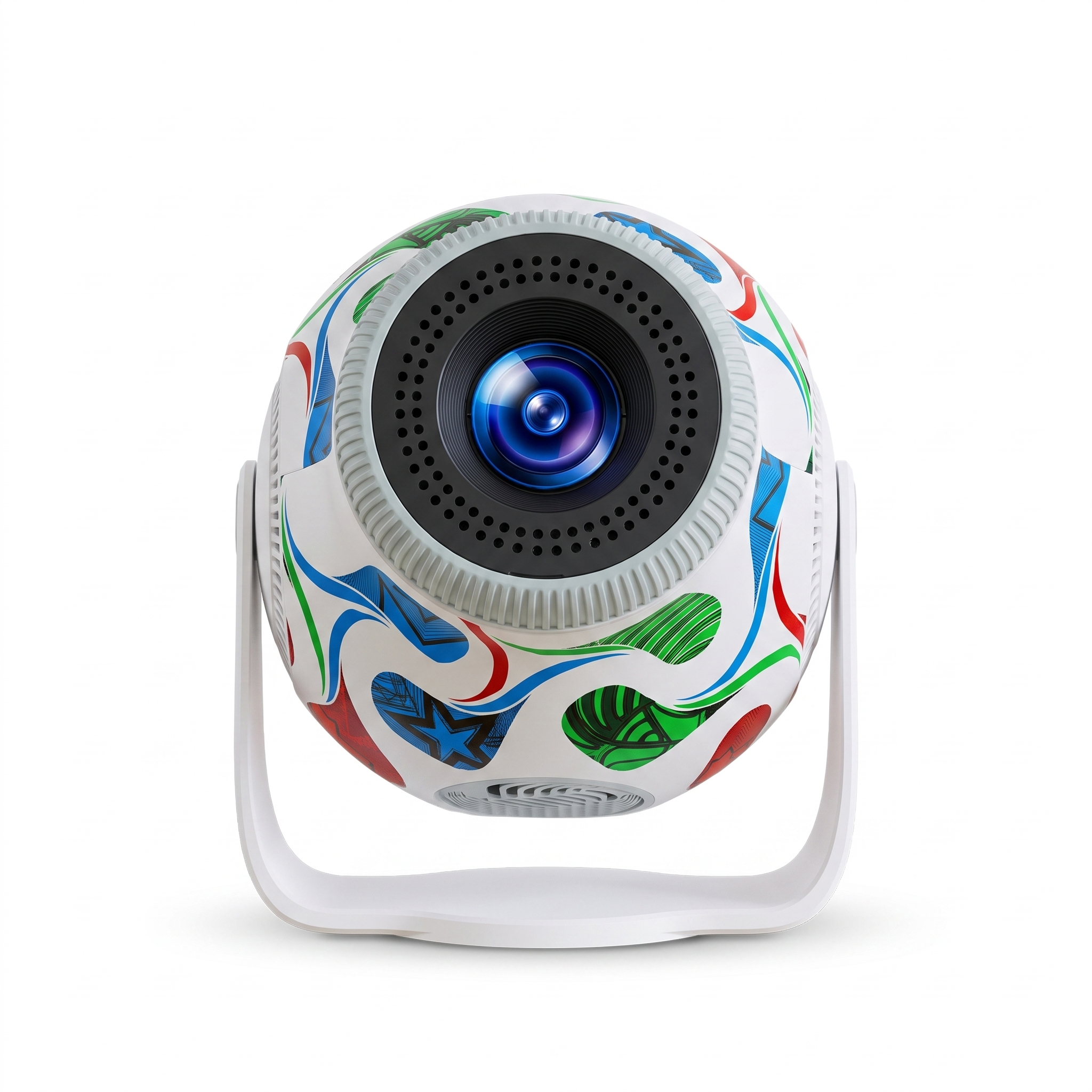 Front view of the football mini projector showing the lens and ventilated grille ring