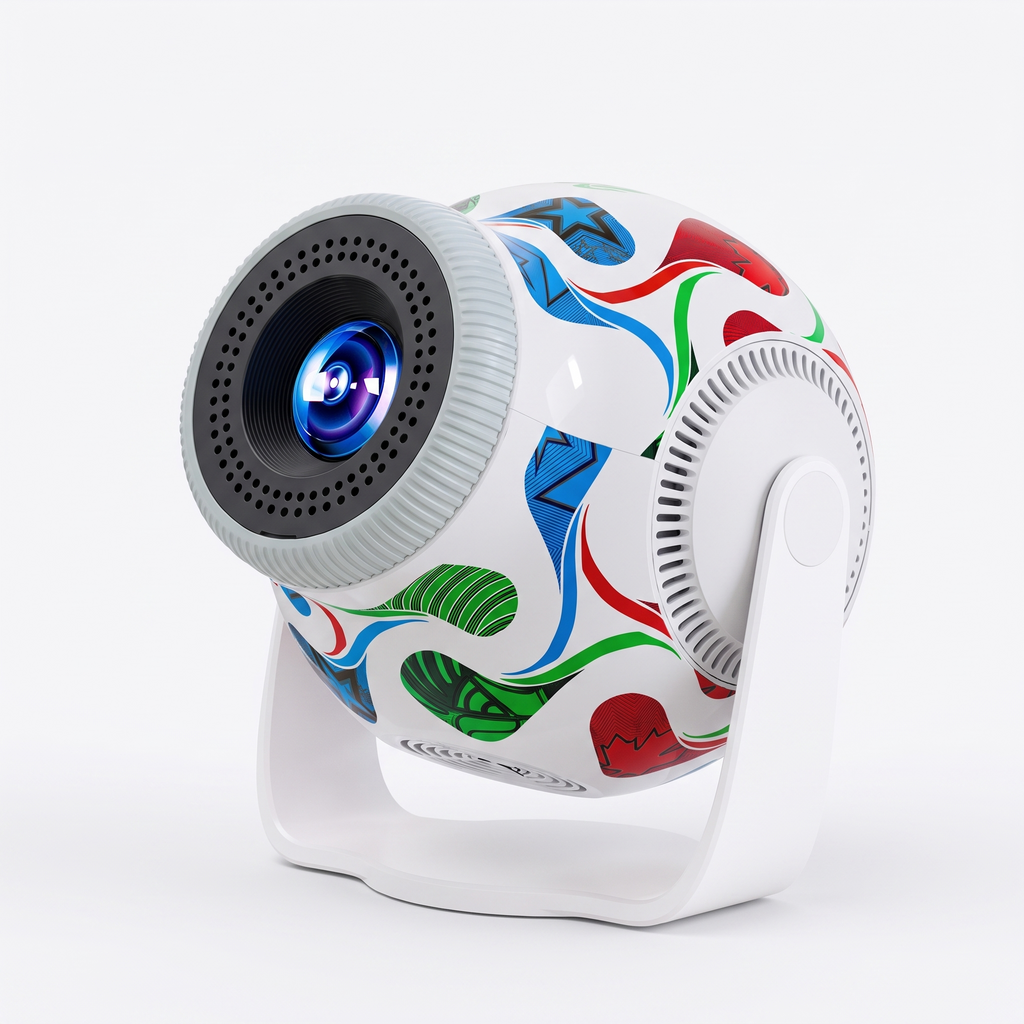 Football-patterned spherical mini projector on a white background, tilted in its white yoke stand