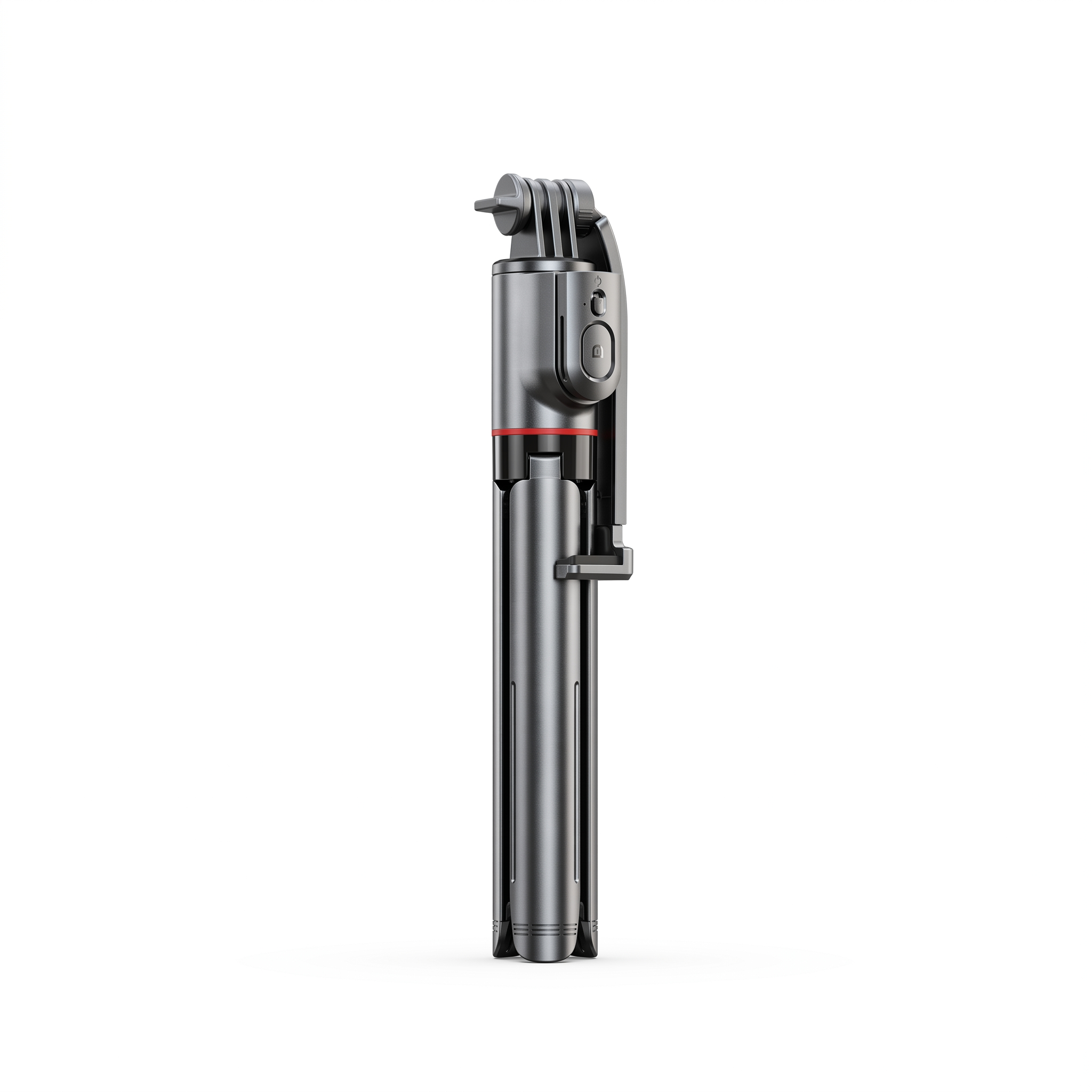 Selfie stick tripod folded closed into its compact baton shape with the legs flush against the body