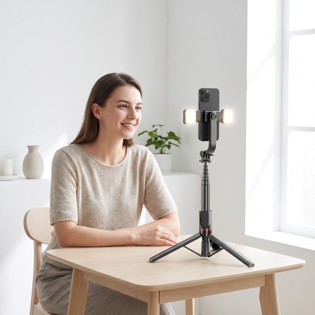 Woman recording herself at a table using the selfie stick tripod with both fill lights switched on
