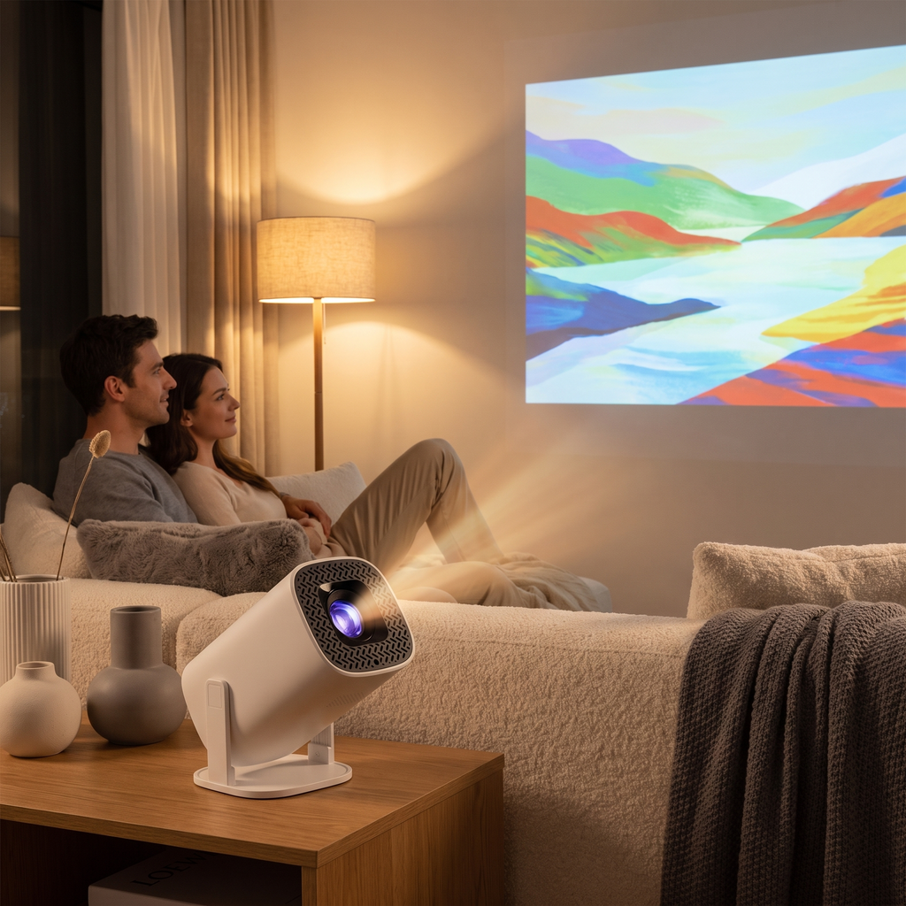 Couple watching a film projected onto a living room wall by the P30Pro mini projector